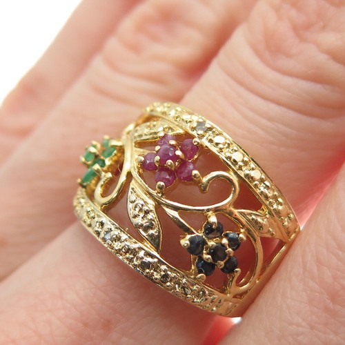 ROSS SIMONS 925 Sterling Gold Plated Real Diamond & Multi-Gem Ring Size 7.25 - Picture 2 of 9