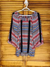 Signature Studio Boho Southwestern Print 3/4 Sleeve Top Sz XL Smocked Boat Neck