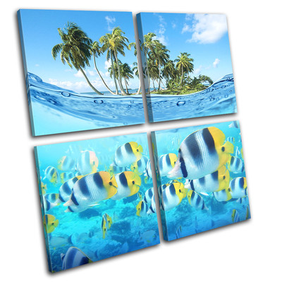 Beach Fish Island Ocean Sunset Seascape MULTI CANVAS WALL ART Picture Print