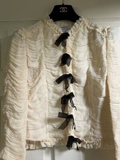 CHANEL 06A VINTAGE NEW ECRU RUCHED SILK JACKET BLACK BOWS LINING FR40