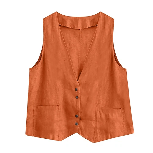 Mujeres Algodón Lino Sin Mangas Chaleco Abrigo Damas Botones Chaleco Informal Camiseta sin Mangas - Imagen 9 de 45