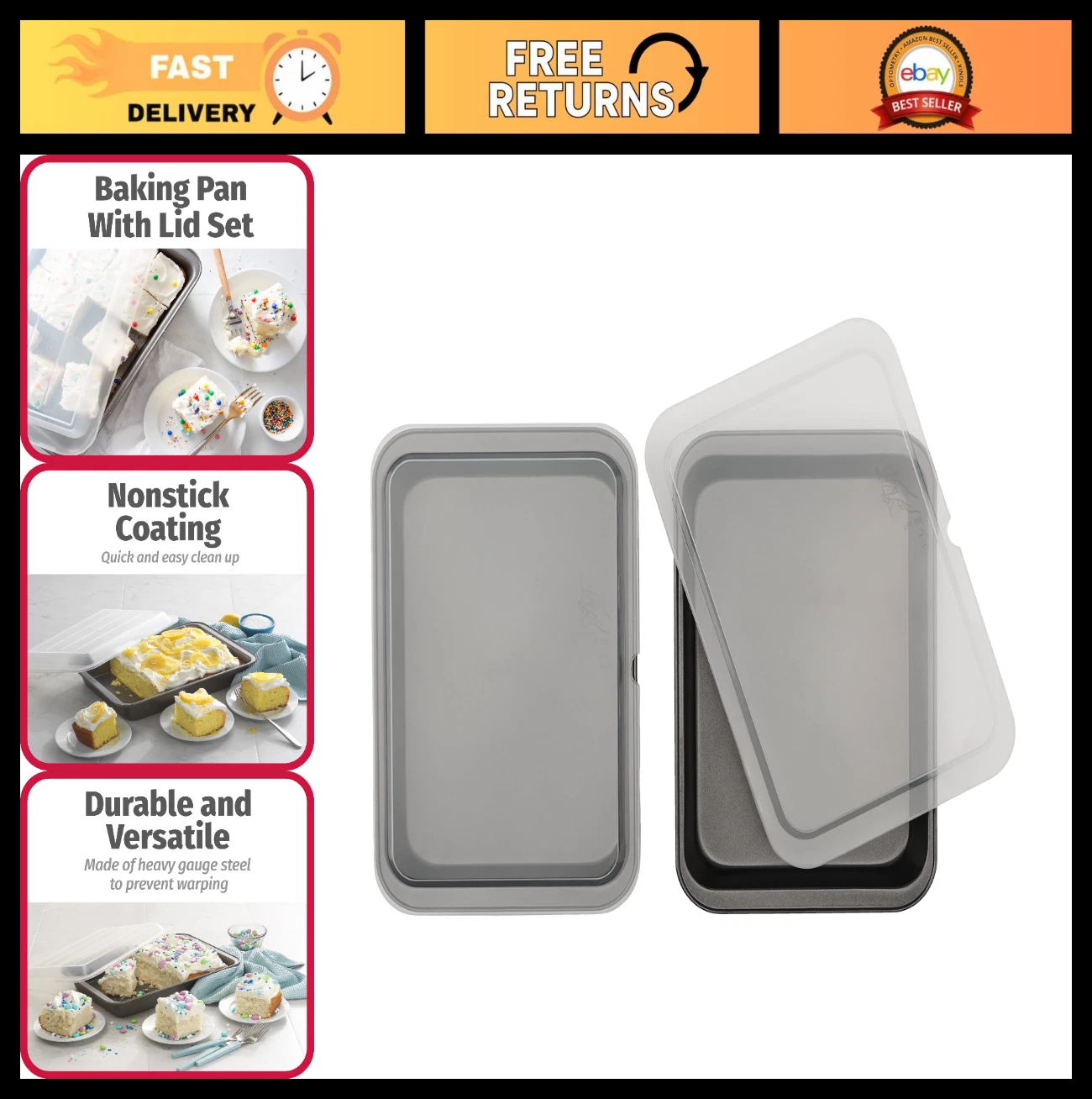 Nonstick Steel 13" x 9" Cake Baking Pans Set of 2 with Covers - Gray, Durable &