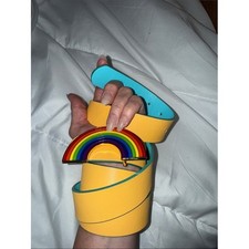 Yellow Blue Reversible Belt with Rainbow Enamel  Gold Circle Buckles Adjustable