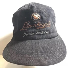 Vintage Leinenkugel Corduroy Trucker Hat Flat Brim Bock Ox Black SnapBack WI USA