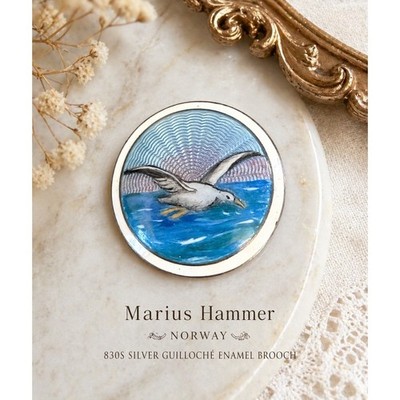 Antique Marius Hammer 830S Norwegian Guilloché Enamel Seagull Brooch Norway
