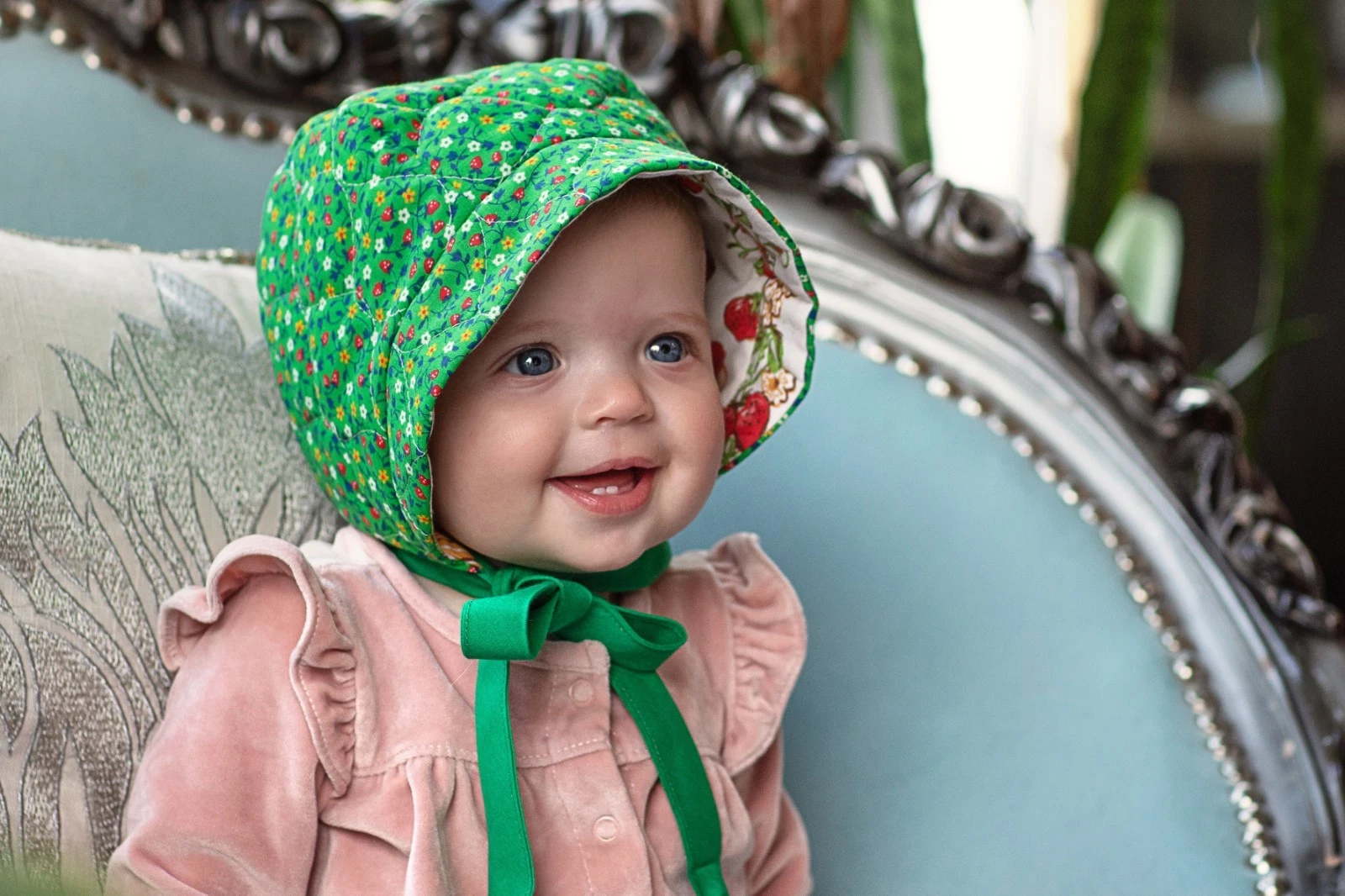 Upcycled Green Calico Quilted Baby Bonnet Reversible Strawberry Shortcake 6-12 M