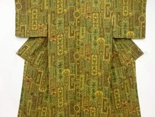 Geometric Flower Bird Chintz Kimono Silk Modern Used 152cm Length