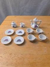 Miniature Porcelain Tea Set 11 Piece Rose Pattern Teapot Cups Dollhouse