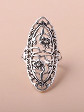 Antique Silver Vintage Hollow Carved Floral Long Ring Size 6 7 8 9 10