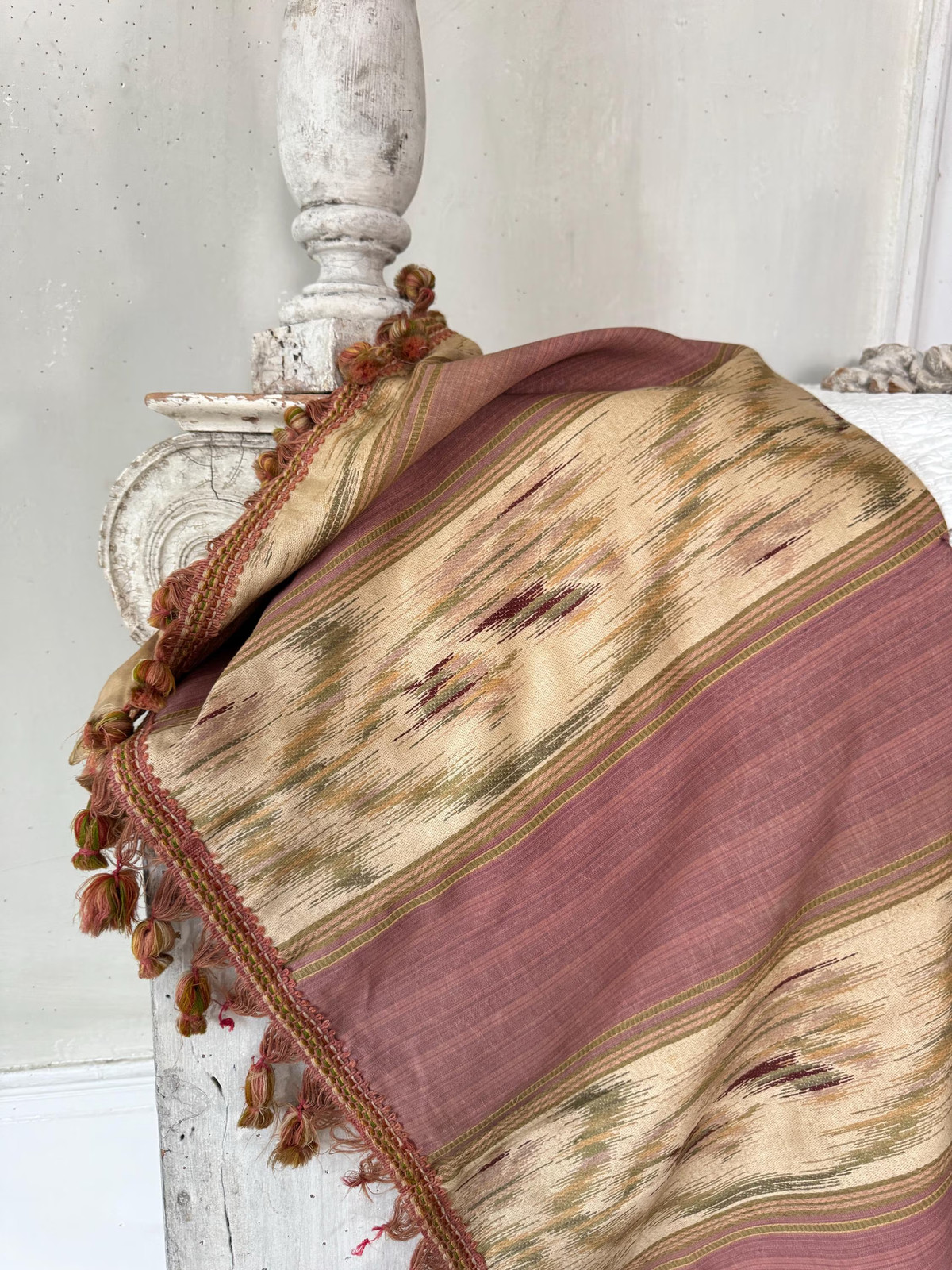 50x23 1900 French Jacquard Ikat Silk Cotton Pink Moiré Flowers Chateau Decor Ru
