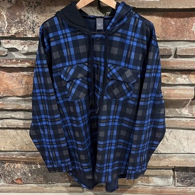 Savage x Fenty Faded Feels Blue Plaid Hooded Shirt Jacket Relaxed Fit