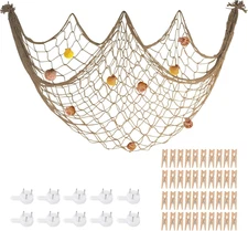 80X40 Inch Decorative Fishing Net W/Shells & Clips, 3Mm Thickness Brown Natural