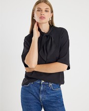 River Island Womens T-Shirt Black Short Sleeve Scarf Detail Crew Neck Tee Top