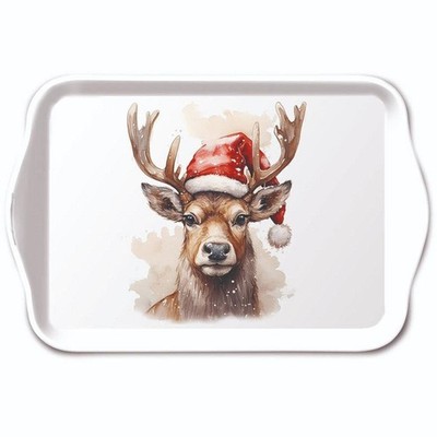 Tablett, Tray DEER WITH SANTA HAT 13x21cm Ambiente | Hirsch, Weihnachten