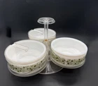 Vintage Gemco Pyrex Crazy Daisy Spring Blossom 3 Glass Bowls w/Lazy Susan Caddy