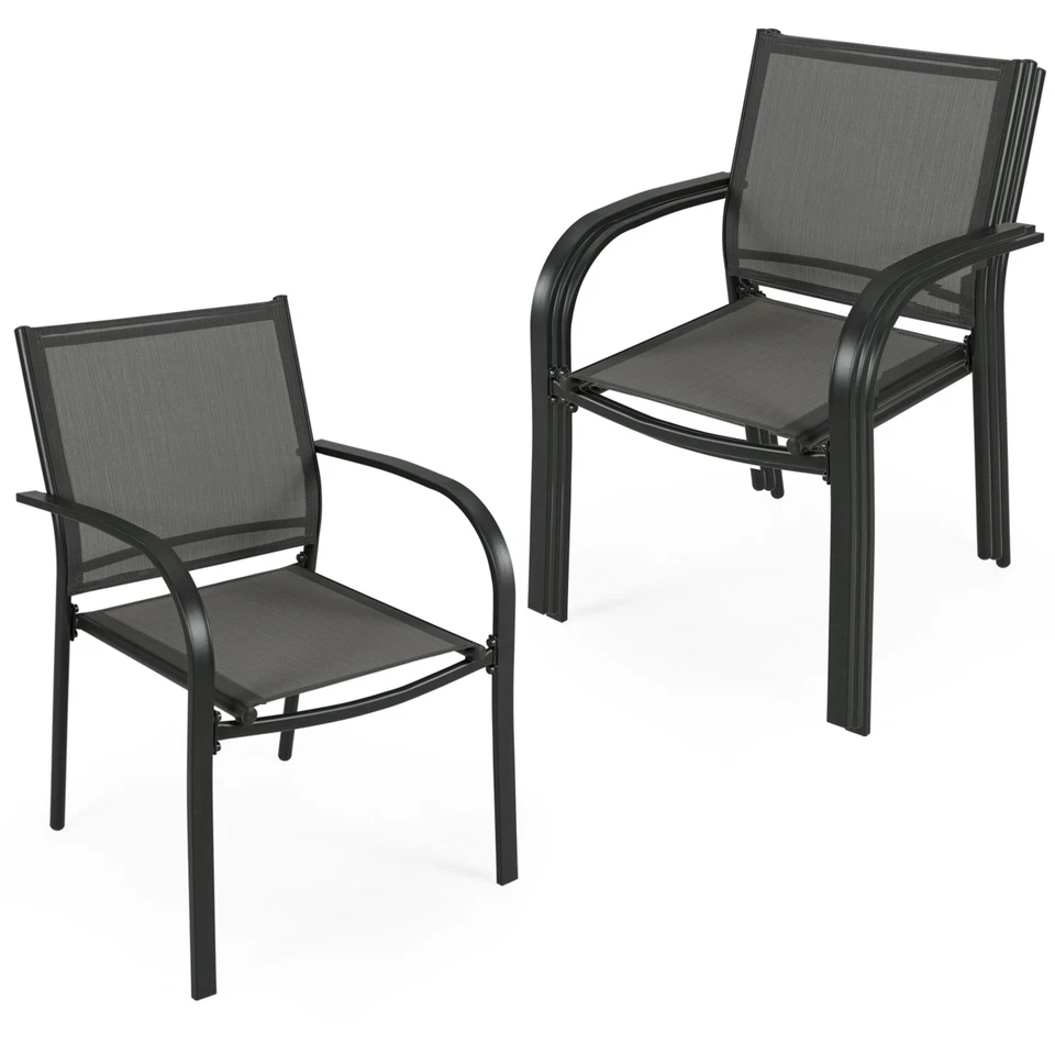 COSTWAY Garden Chairs Set of 2 Stackable Outdoor Dining Chairs w/Armrests-Grey