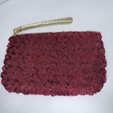 Vintage Neiman Marcus Burgundy Gold 3D Rosette Clutch Wristlet Purse Evening Bag