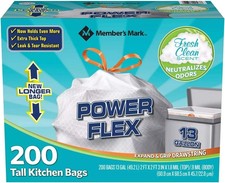 Member's Mark Power Flex Tall Kitchen Drawstring Trash Bags 13 Gallon, 2 Rolls