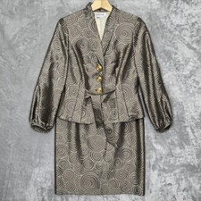Kay Unger Skirt Suit Womens 6 Brown Gold Jacquard Silk Lined Peplum Belted Set