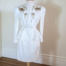 Vintage 80s IIF White Peplum Skirt Suit Size 4 Beaded Sequin Bullion Jacket