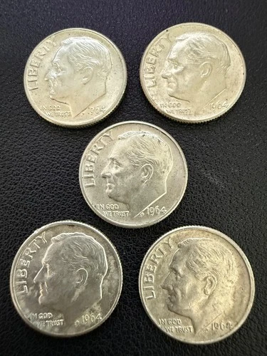 LOT X 5 AU Roosevelt Dimes 1964-D 90% FINE Silver Stacker Coin Collector #105
