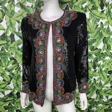 Vintage Royal Feelings Jacket Women's Size M Retro Sequins Beaded 100% Silk