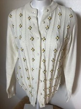 Vintage 1950s Rosette Flower Embroidered Knit Granny Sweater Cardigan Ivory Sz M