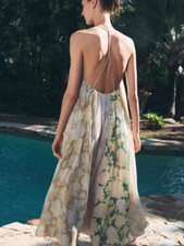 Womens 2025 Spring Flower Print Patchwork Suspender Dress Long Dress Beige