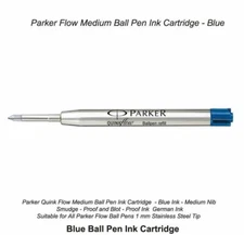 6 x Parker Quink Flow Ball Point Pen Refill Blue Medium (1mm) New 