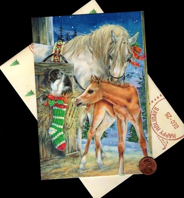 HTF Christmas Horses Cat Kitten Stocking Carrots - Greeting Card W/ TRACKING