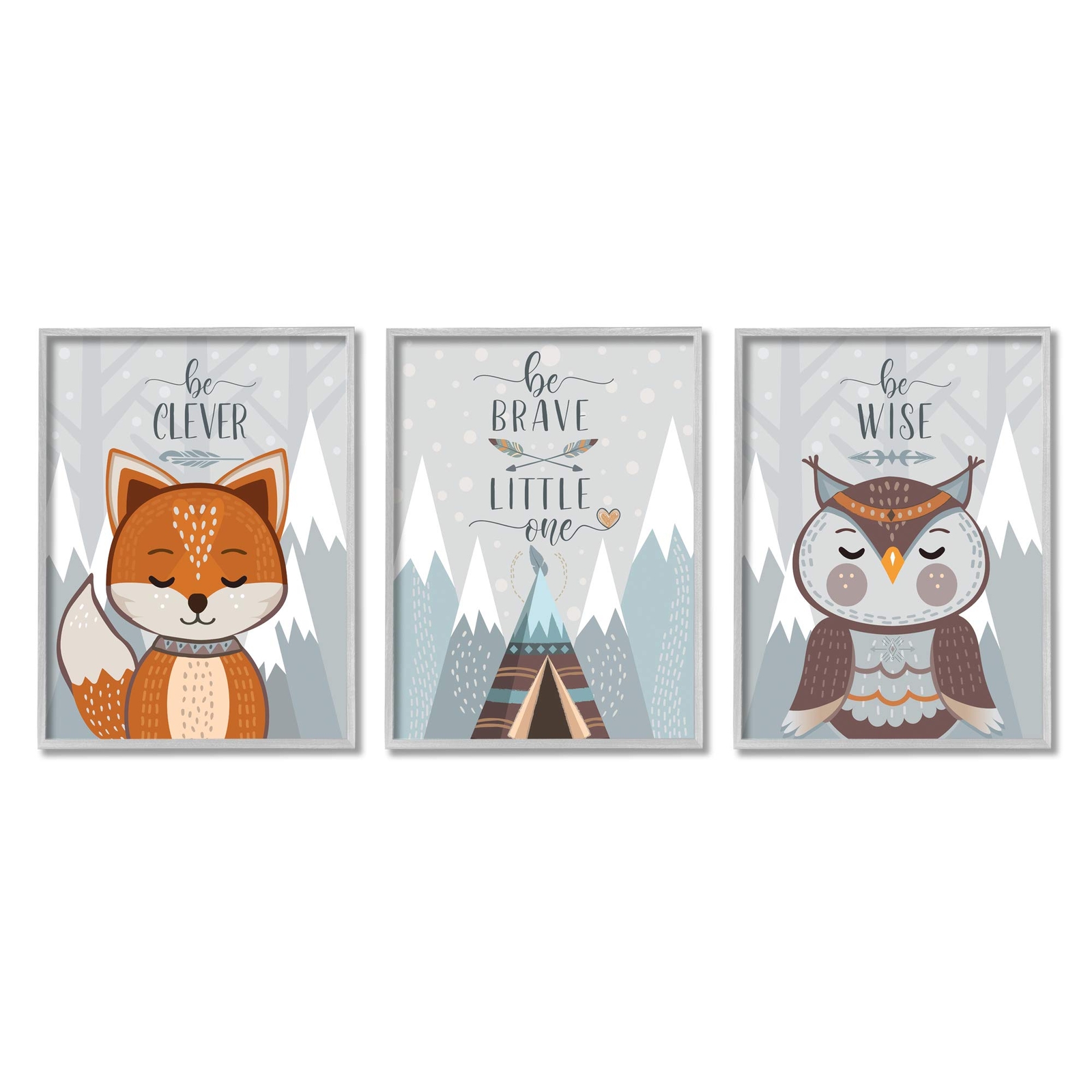 Be Clever Brave and Wise Phrases Forest Animal, AE Design Grey Framed Wall Ar...