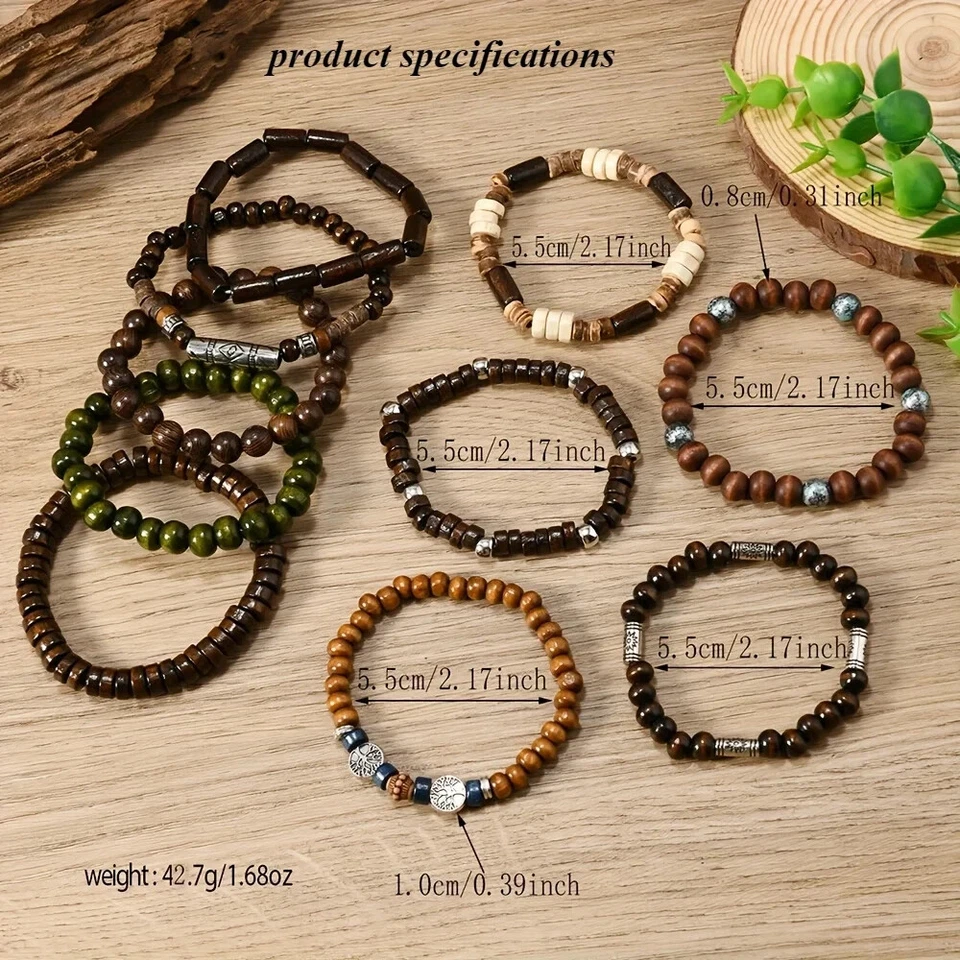 Juego de 10 PIEZAS Pulseras Boho Cuentas para Hombres Madera Árbol de la Vida Joyería en Capas Foto 3 de 4