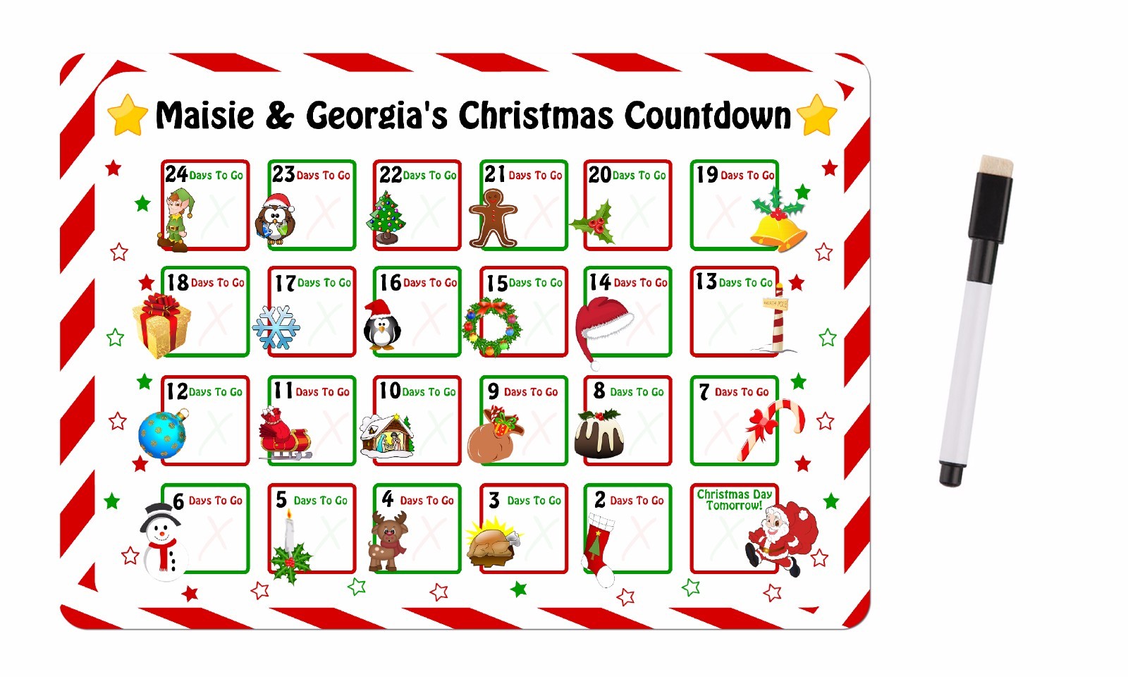 Personalised Christmas Countdown Magnetic Metal Card Wipeable + Whiteboard Pen