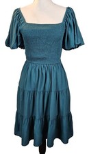 Womens Smocked Tiered Puff Sleeve Midi Flowy Dress Teal Size Small Casual