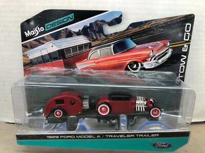 1/64 MAISTO TOW & GO RAT ROD 1929 FORD MODEL A 5 WINDOW & TRAVELER TRAILER RED