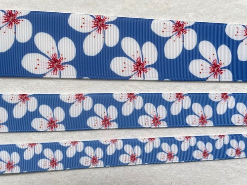 Pretty white pink flowers blue floral inspired Grosgrain ribbon 5/8" 7/8" 1.5" - 第 4/4 張圖片