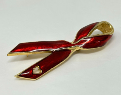 Vintage 1992 Gigi Accessories Goldtone Red Enamel Awareness Ribbon Pin