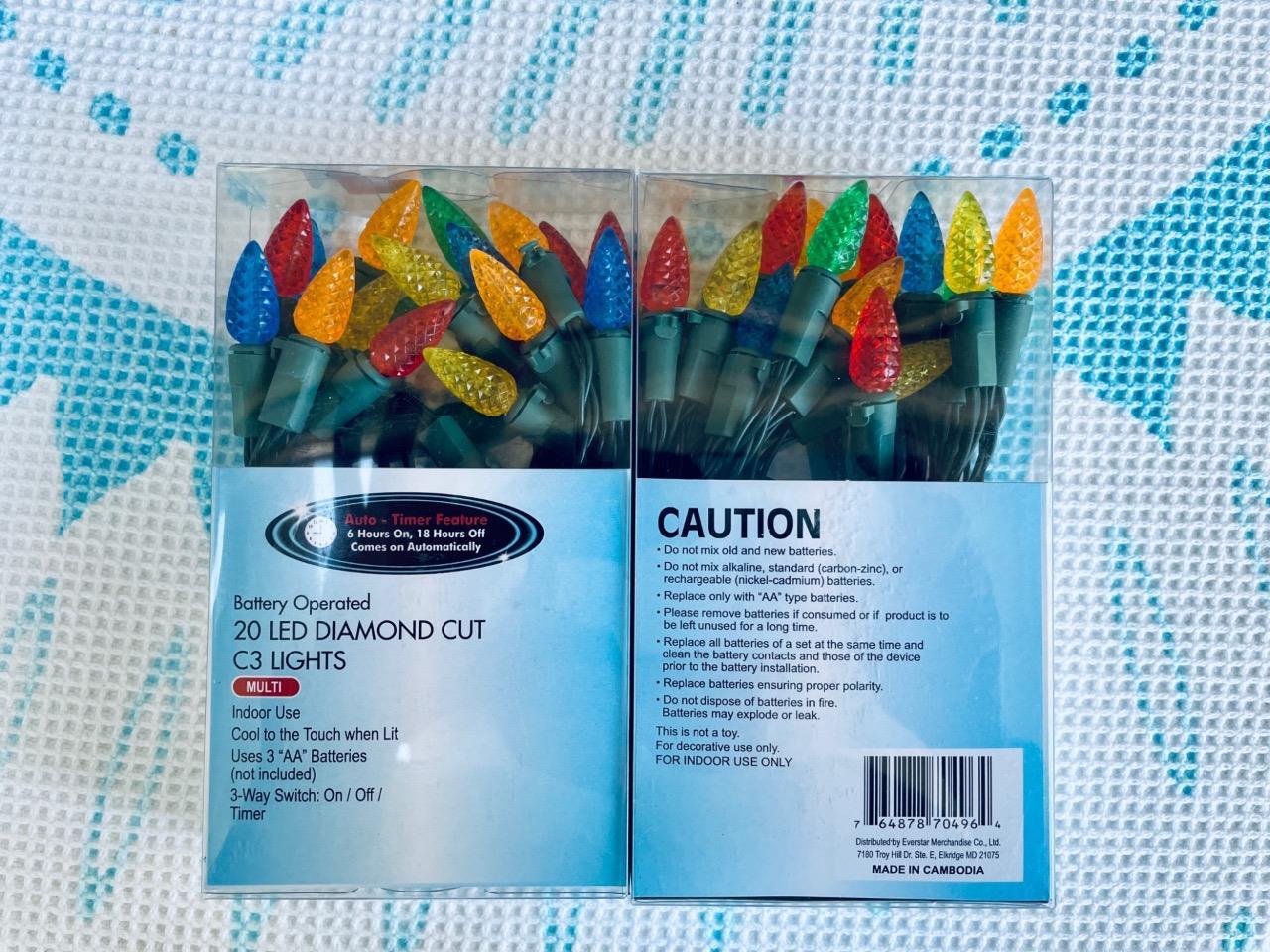 2x Everstar Battery Operated 20 ct LED Diamond Cut C3 Light String TIMER FEATURE