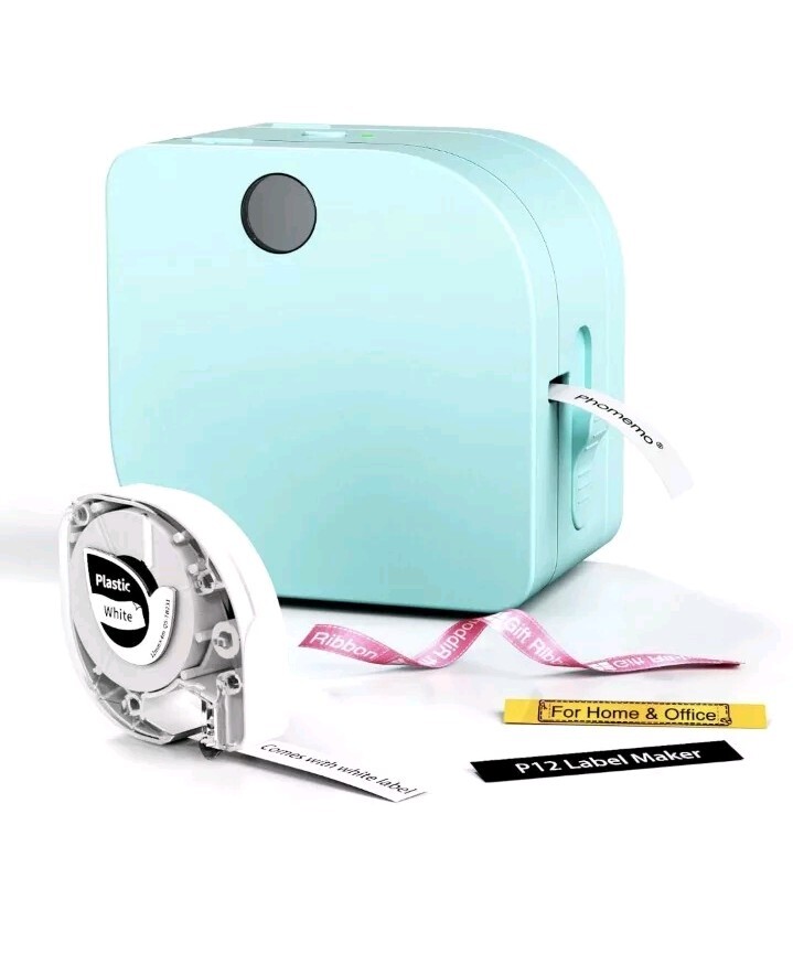 Teal Phomemo P12 Wireless Label Printer with White Tape-image
