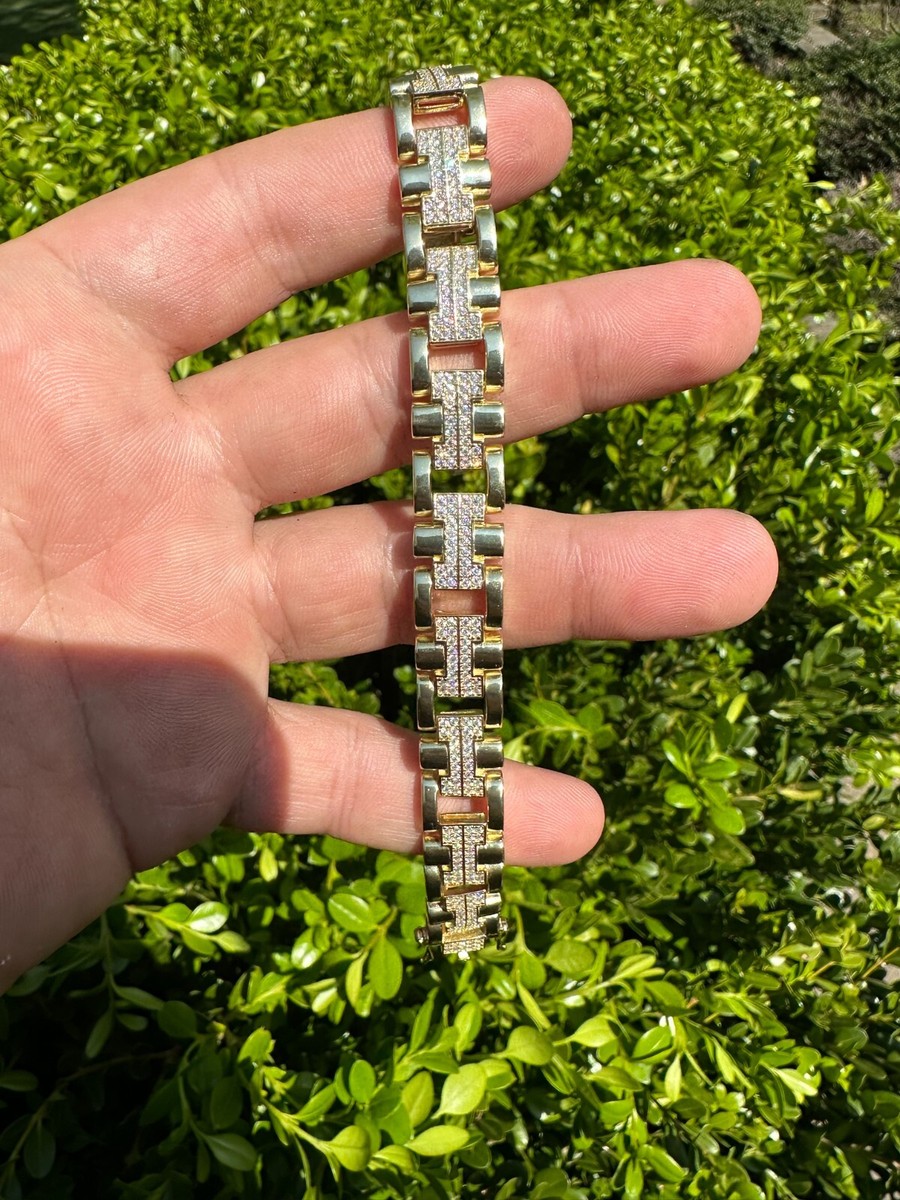 Mens 12mm Iced Hermes Link Bracelet Real Solid 14k Gold Over