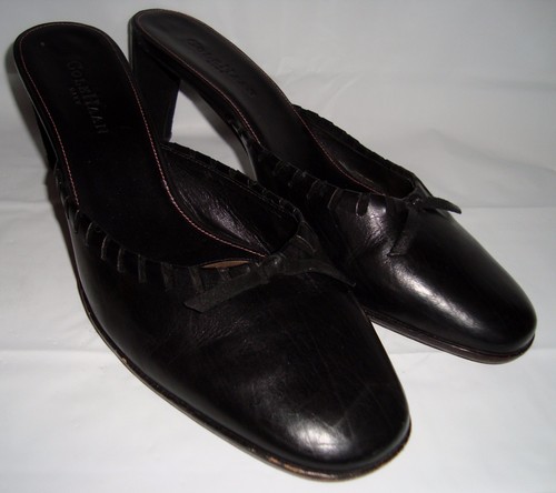 Cole Haan City Black Leather Mules 9 Laced Bow Heels Rounded Toe