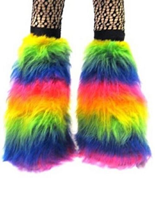 New Neon Multi Rainbow Fluffy Legwarmers Boot Covers Cyber Rave Boot Fluffies