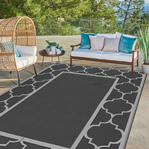 Black Gray Bordered RV Mat Reversible Rug 6 x 9 ft Foldable Outdoor Patio Stakes - Picture 4 of 5