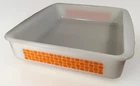 Vintage Retro Milk Glass & Orange Glasbake Casserole Dish Square Pattern
