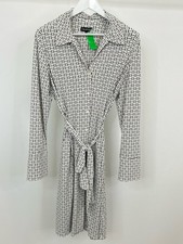 HALSTON Size L White & Black Geometric Collared Belted LS Women Dress