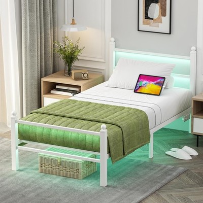 Camas Para Niños Kids Bed Twin Metal Bed Frame w/ LED Headboard Girls Off-White