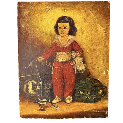 Vintage Oil on Board Goya Boy in Red Copy Child Magpie Cats 14x11