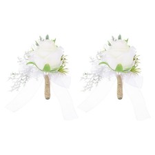 2 Pcs Groom Boutonnieres Rose Boutonnieres Pins 4"x4.3" for Wedding White