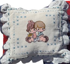 Handmade Cross Stitch Pillow With Precious Moments And Lace