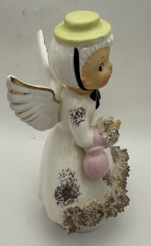 Vtg Ceramic Artmark August Birthday Girl Angel Hat Purse Spaghetti Trim Figurine - Picture 2 of 10